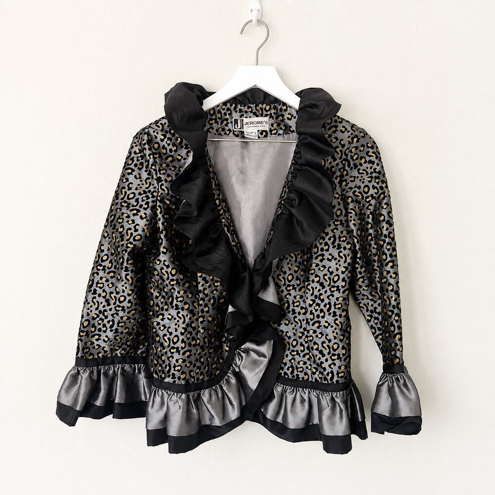 Jerome's Oklahoma City Metallic Leopard Ruffle Jacket M 80s Glam Mob Wife